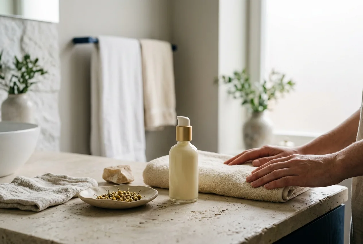 Sfeervol beeld van zachte crème in een licht badkamer setting