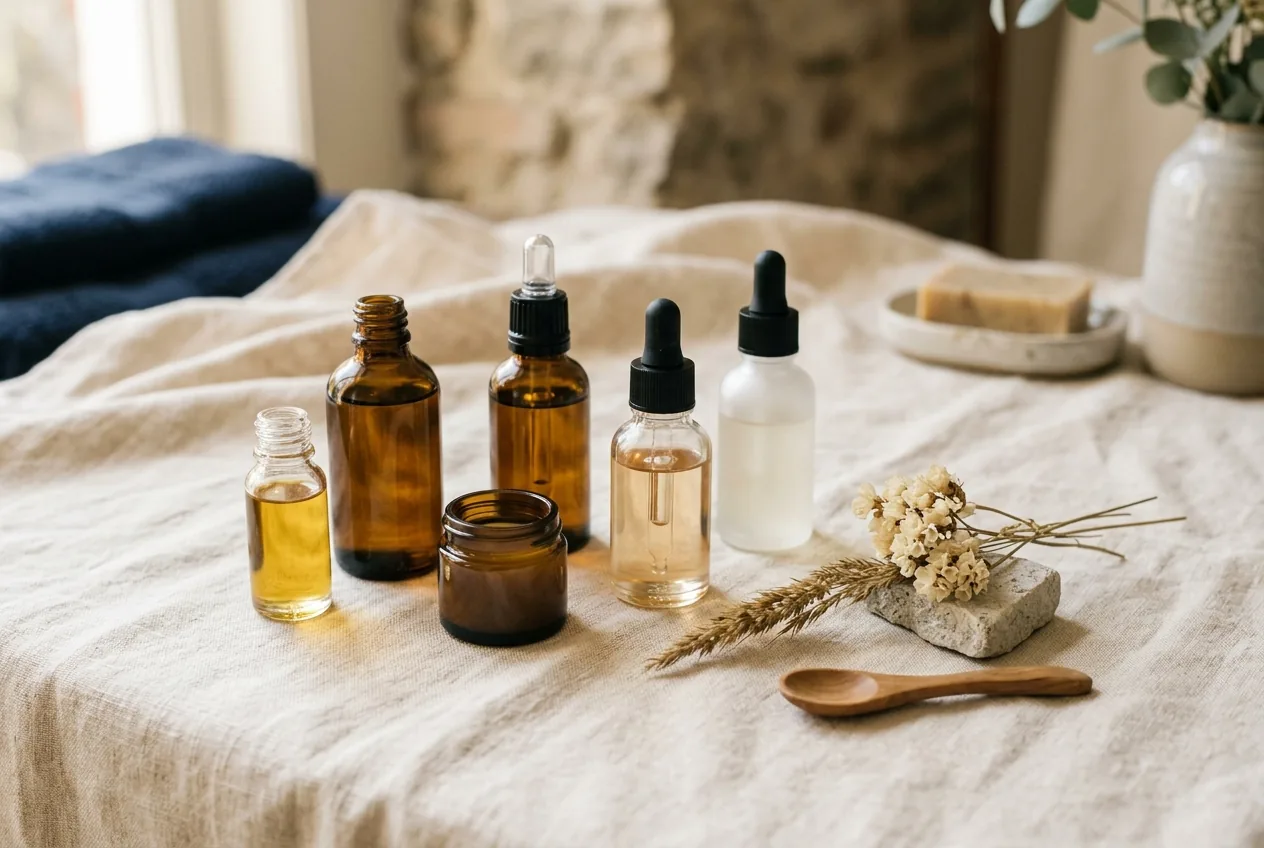 Opstelling met verschillende huidverzorgingsproducten en serums op een linnen doek