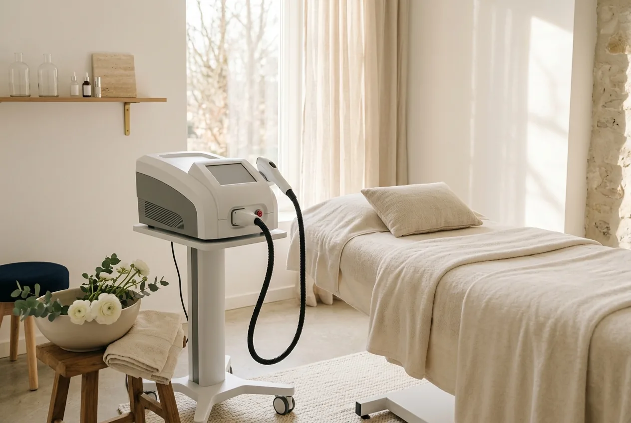 Laserapparatuur in een kliniekruimte met frisse uitstraling
