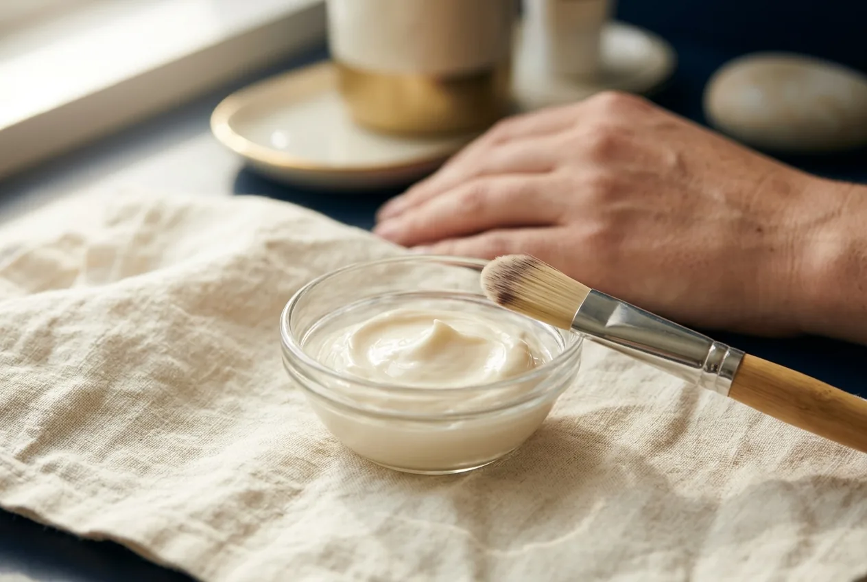 Moisturizer en borstel op linnen doek in zacht licht