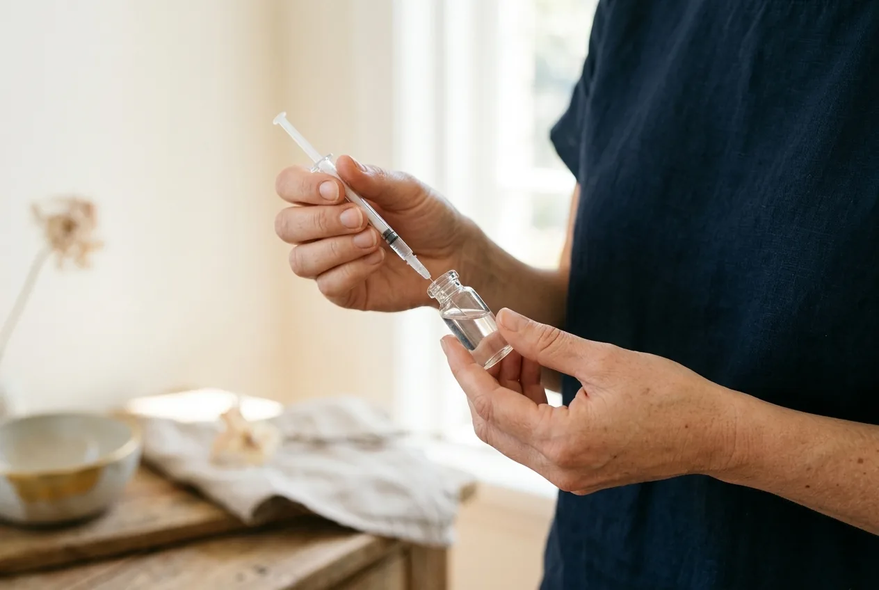 Handen met injectiespuit en ampul, focus op veilige, schone werkwijze