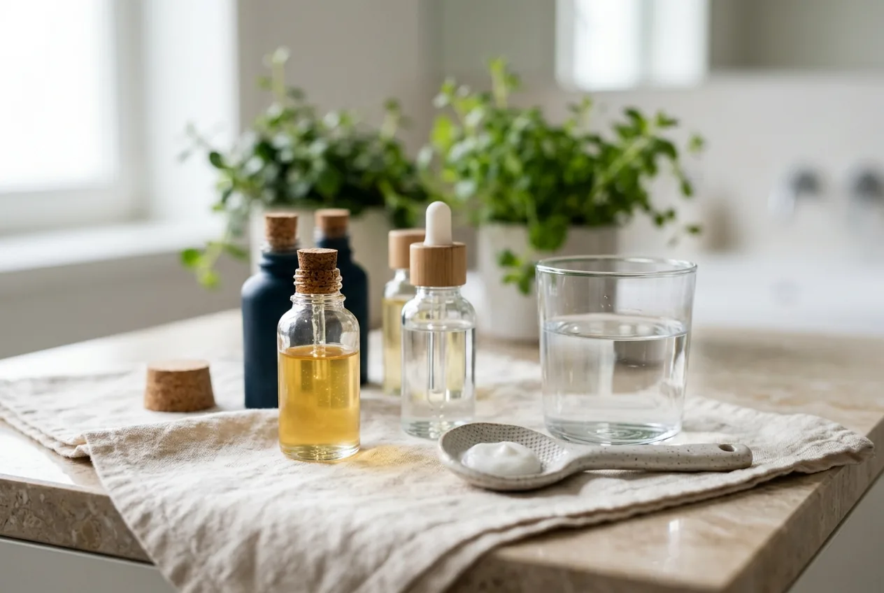 Huidverzorgingsproducten en glas water op linnen met groene planten