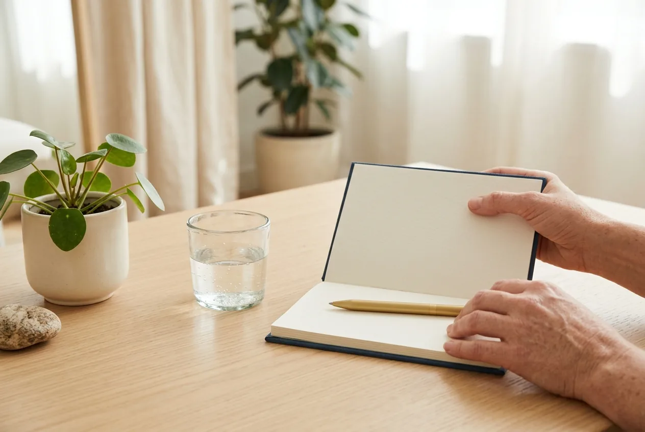 Handen met een notitieblok tijdens een consult, zonder gezichten